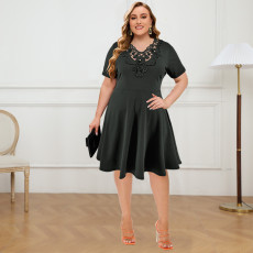 Plus Size Hollow Out Patchwork Midi Dress GDAM-218387