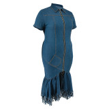Plus Size Zipper Short Sleeve Denim Long Dress GDAM-218353