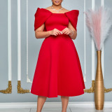 Fashion Bubble Sleeve Solid Color Party Dress GATE-D492