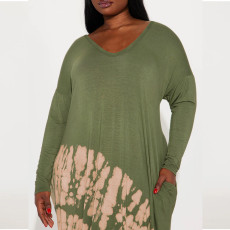 Plus Size Print V Neck Long Sleeve Maxi Dress GDAM-218361