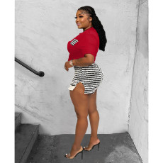 Tie Up T Shirts And Stripe Shorts 2 Piece Set QXLB-10022