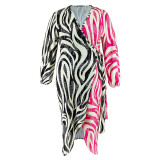 Plus Size Print Color Block Tie Up Midi Dress GDAM-218331