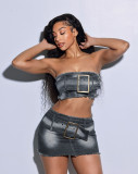 Sexy Wrap Chest Belt Tops Skirts Denim Two Piece Set  MEM-88566
