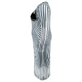 Plus Size Stripe Print Long Sleeve Split Long Dress GDAM-218369