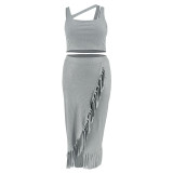 Plus Size Sleeveless Tank And Irregular Tassel Skirt Set GDAM-218388