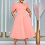 Fashion Bubble Sleeve Solid Color Party Dress GATE-D492