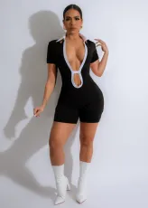 Contrast Color Lapel Tight Romper QXLB-10070