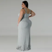 Plus Size Sleeveless Tank And Irregular Tassel Skirt Set GDAM-218388