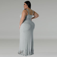 Plus Size Sleeveless Tank And Irregular Tassel Skirt Set GDAM-218388