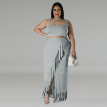 Plus Size Sleeveless Tank And Irregular Tassel Skirt Set GDAM-218388