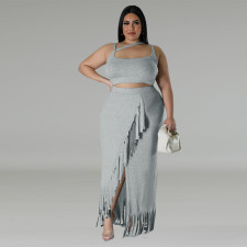 Plus Size Sleeveless Tank And Irregular Tassel Skirt Set GDAM-218388