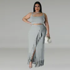 Plus Size Sleeveless Tank And Irregular Tassel Skirt Set GDAM-218388