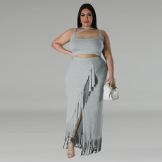 Plus Size Sleeveless Tank And Irregular Tassel Skirt Set GDAM-218388