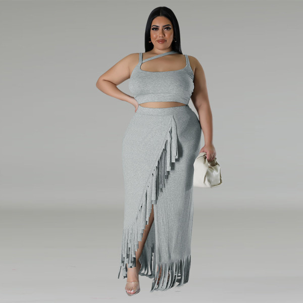 Plus Size Sleeveless Tank And Irregular Tassel Skirt Set GDAM-218388