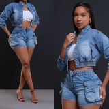 Fashion Denim Long Sleeve Two Piece Shorts Set MEM-88571