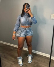 Fashion Denim Long Sleeve Two Piece Shorts Set MEM-88571