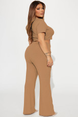Solid Color Short Sleeve Pants Slim Two Piece Set E-8496