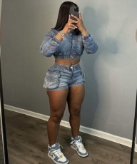 Fashion Denim Long Sleeve Two Piece Shorts Set MEM-88571