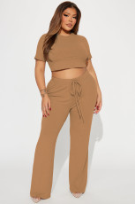 Solid Color Short Sleeve Pants Slim Two Piece Set E-8496