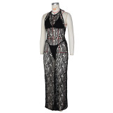 Hollow Out Halter Bareback Beach Long Skirt 3 Piece Set ZSD-0664