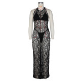 Hollow Out Halter Bareback Beach Long Skirt 3 Piece Set ZSD-0664