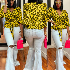 Leopard Print Deep V-Neck Tie Up Top WY-7090