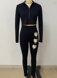 Black Ribbed Heart Hot Drill Two Piece Pants Set LSD-1950