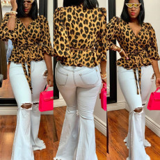 Leopard Print Deep V-Neck Tie Up Top WY-7090
