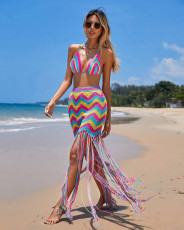 Crochet Wave Pattern Tassel Beach Cover-Up Skirt Set ZSD-0314