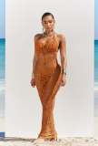 Hollow Out Halter Bareback Beach Long Skirt 3 Piece Set ZSD-0664