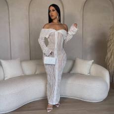 One Shoulder Long Sleeve Wave Pattern Maxi Dress ZSD-0654
