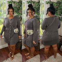 Plus Size Single-breasted Solid Long Sleeve Midi Dress WY-7096