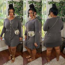 Plus Size Single-breasted Solid Long Sleeve Midi Dress WY-7096