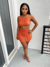 Sexy Knit Hollow Out Vest Skirt Two Piece Set JPF-1097