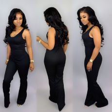 Sleeveless Solid Color Slim Flare Jumpsuit WY-7078