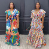 Printed Ruffle Tie Up Patchwork 2 Piece Skirts Set NY-10760