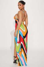 Sexy Halter Rainbow Print Split Dress YD-004