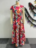 Printed Waist-slim Splicing Big Hem Long Dress NY-10762