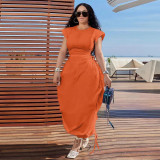 Round Neck Waist-slim Solid Color Long Dress YF-10725
