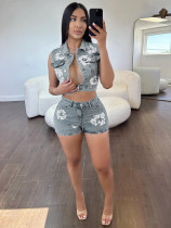 Kapok Pattern Sleeveless Shorts 2 Piece Set CH-88103