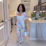 Leaf Print Short Sleeve Shirt Long Pants Set NY-10743