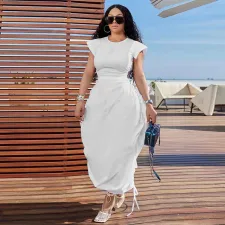 Round Neck Waist-slim Solid Color Long Dress YF-10725