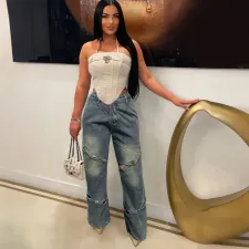 Fashion Holes Straight Jeans WAF-77651
