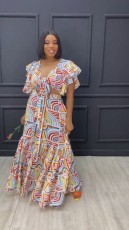 Printed Ruffle Tie Up Patchwork 2 Piece Skirts Set NY-10760