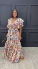Printed Ruffle Tie Up Patchwork 2 Piece Skirts Set NY-10760