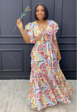 Printed Ruffle Tie Up Patchwork 2 Piece Skirts Set NY-10760