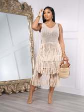 Sleeveless Knits Mesh Tassel Long Dress YS-2406