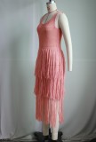 Sleeveless Knits Mesh Tassel Long Dress YS-2406
