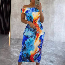 One Shoulder Print Sleeveless Midi Dress NY-10751