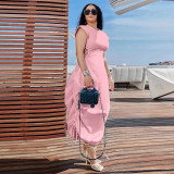 Round Neck Waist-slim Solid Color Long Dress YF-10725